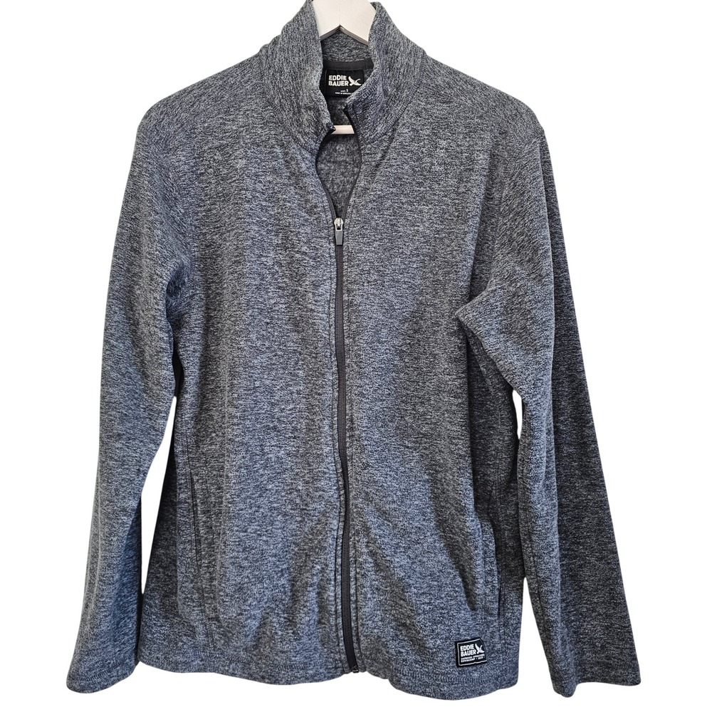 Eddie‎ Bauer Mens Small Gray Full Zip Fleece Jacket Mock Neck Heathered Knit